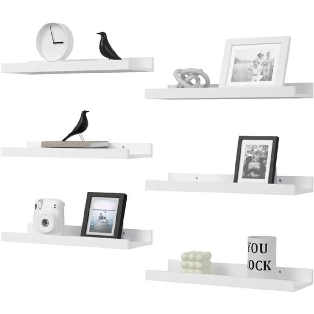 Floating Shelves Set of 6, White Wall Shelves with Lip, Display Shelves